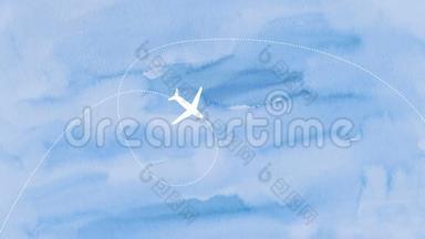 飞机在蓝色水彩天空背景上沿着轨迹飞行。